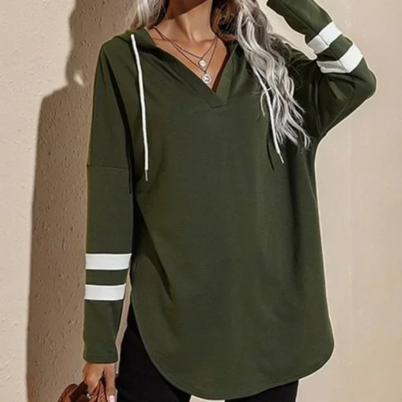 Coeur de Vague | Army Green & White Stripe Drawstring V-Neck Hoodie L - Picture 1 of 3